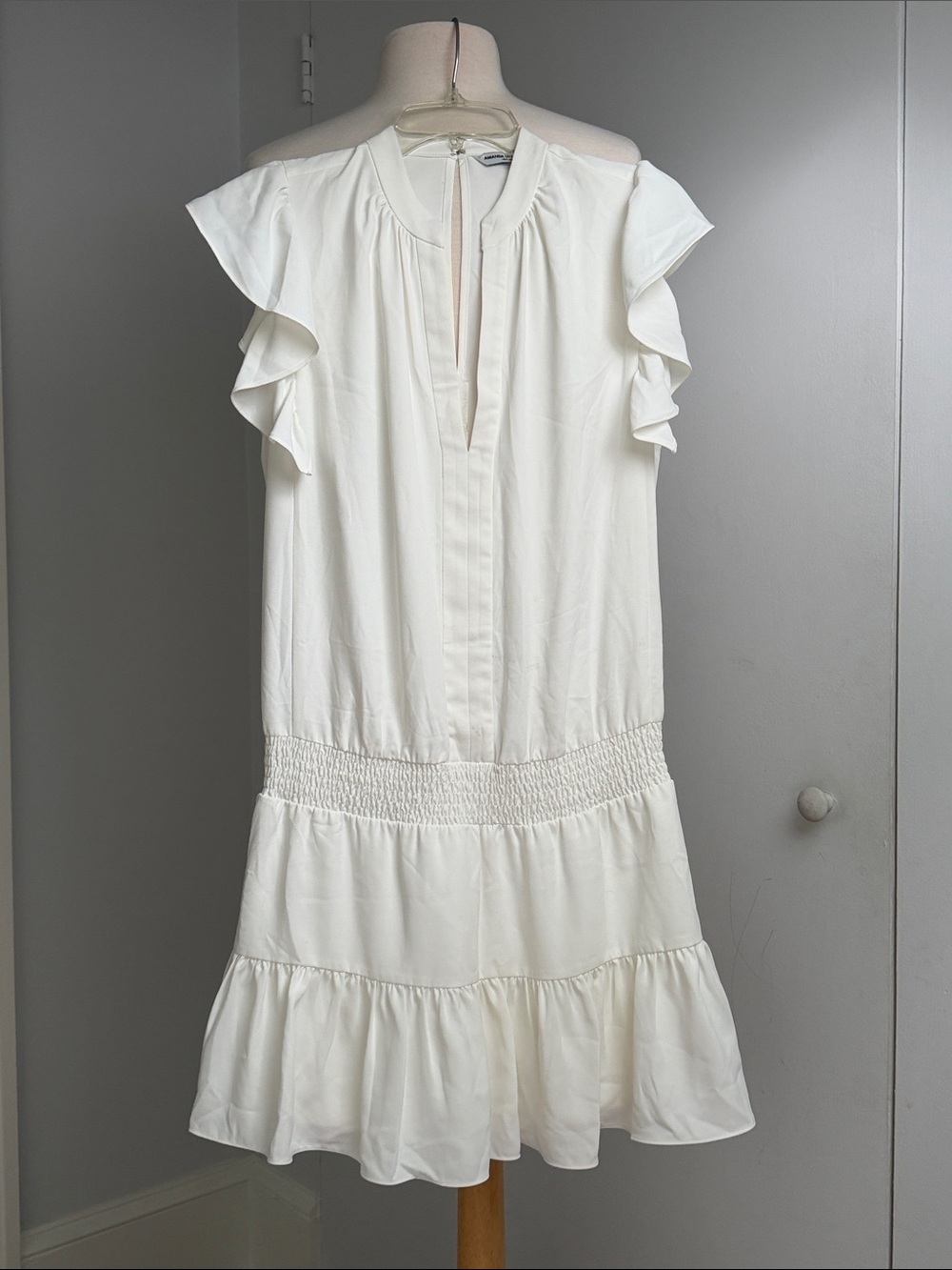 Amanda Uprichard White Ruffle Sleeve Tiered Mini Dress Small